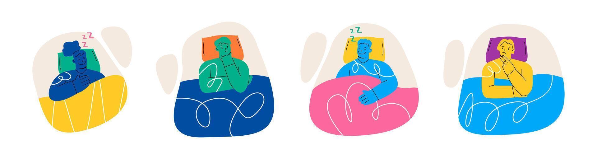 Set of different people sleeping on comfortable bed. Sleeping or having insomnia at night isolated sleeping people resting at the bedroom. Colorful illustration vector