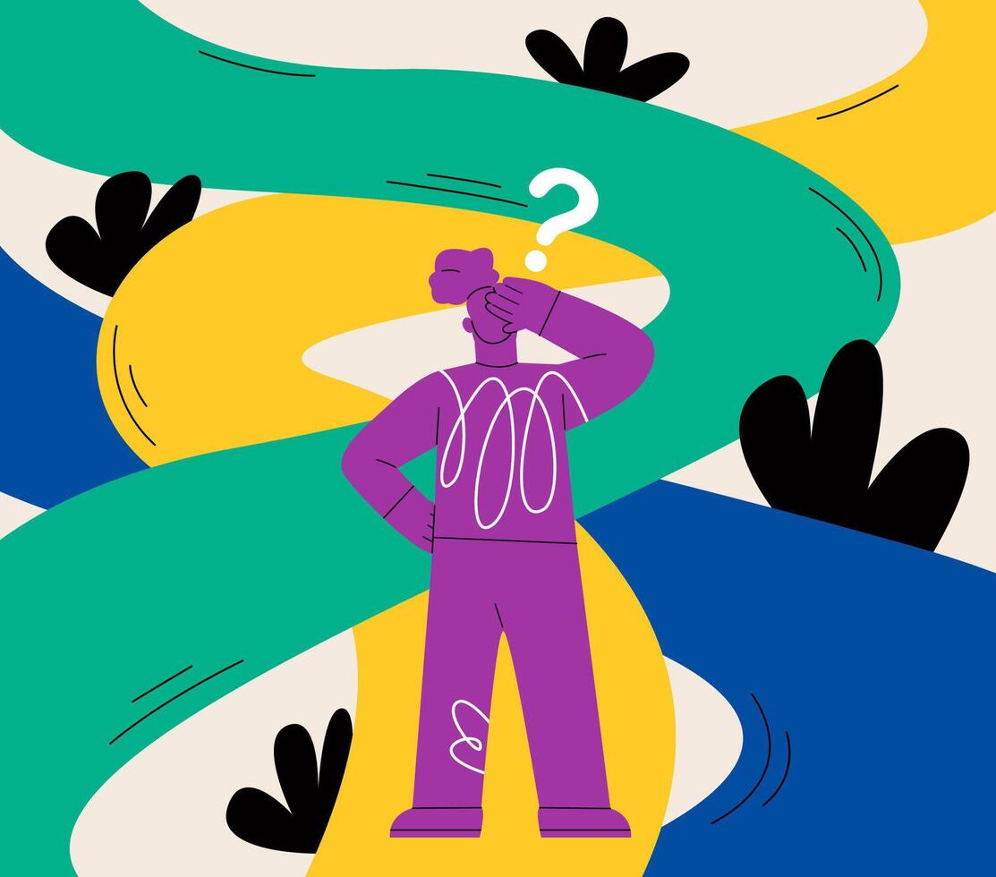 Confused woman thinking make decision on multiple route ahead. Paradox of choice concept. Colorful illustration vector