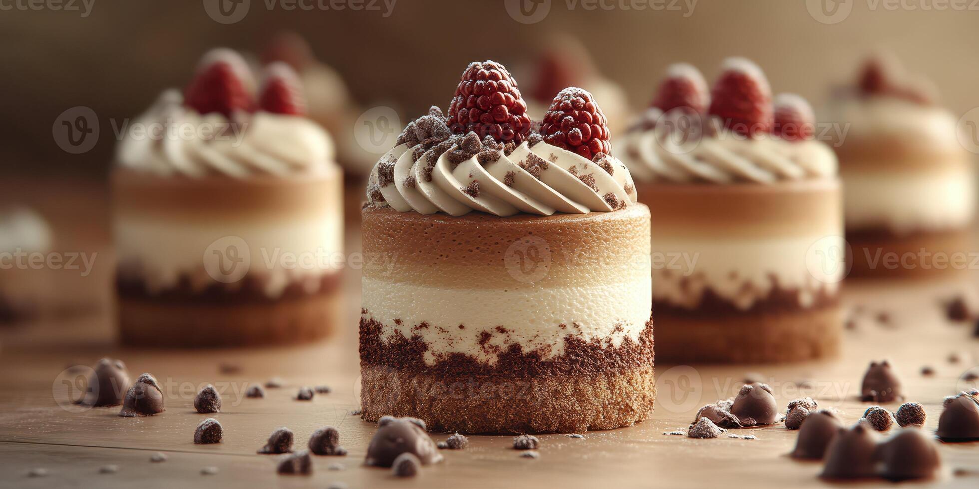 Delicious layered cake with chocolate and raspberry toppings on a wooden table at a cozy dessert shop photo