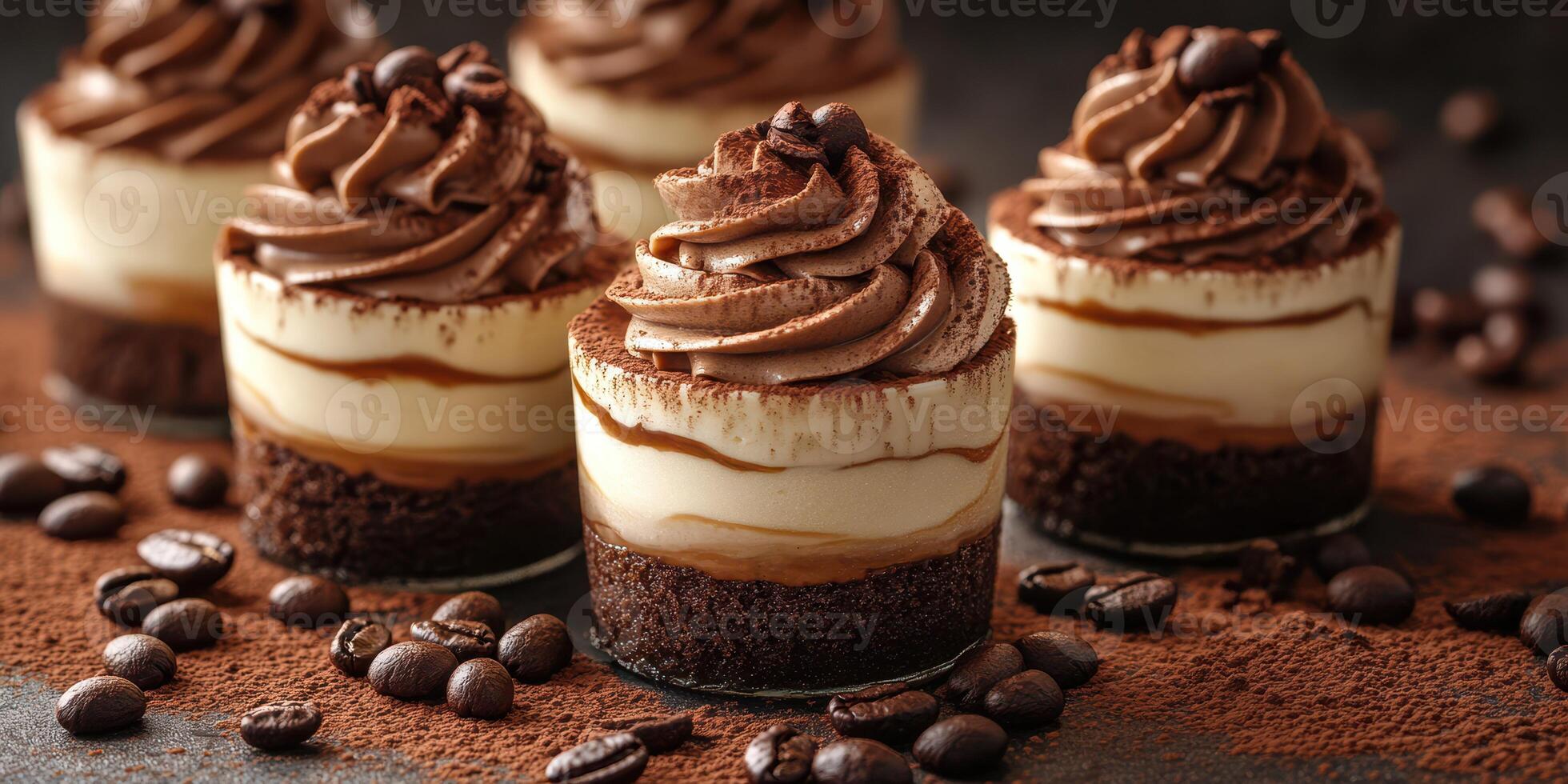 Chocolate mousse desserts arranged on a dark surface with coffee beans and cocoa powder for an elegant table presentation photo