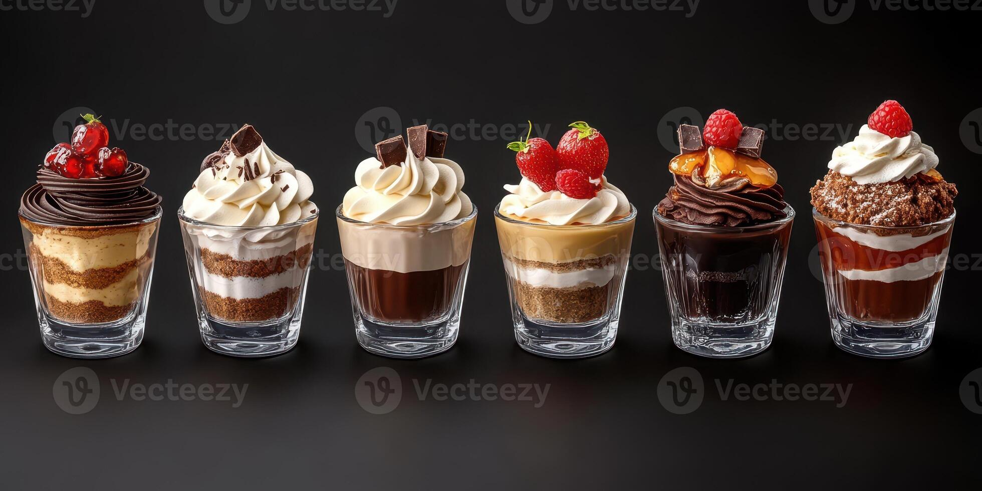 Delicious layered desserts displayed in small glass cups with various toppings ready for enjoyment photo