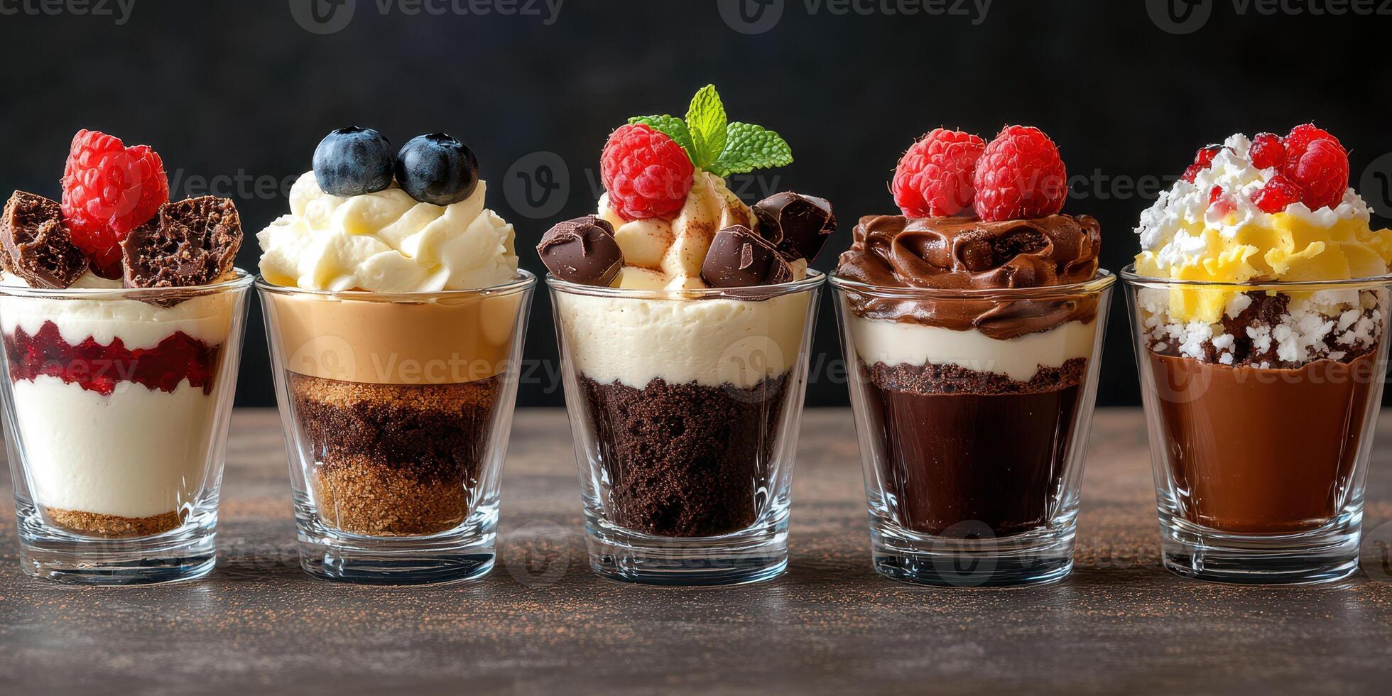 Delightful assortment of decadent dessert cups featuring rich flavors and vibrant toppings displayed on a wooden table photo