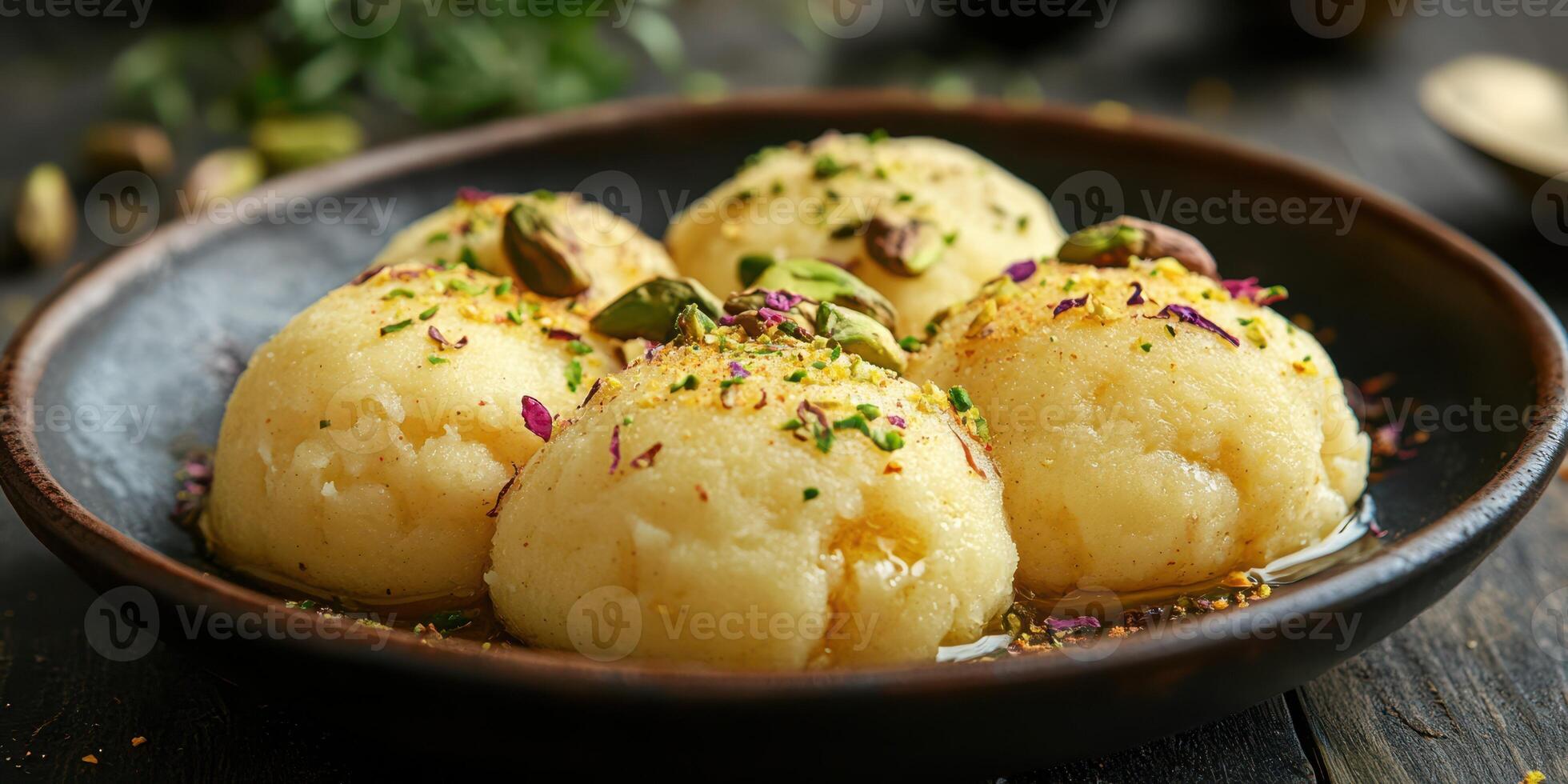 Delicious Indian sweets served on a rustic plate with garnishes in an inviting setting photo