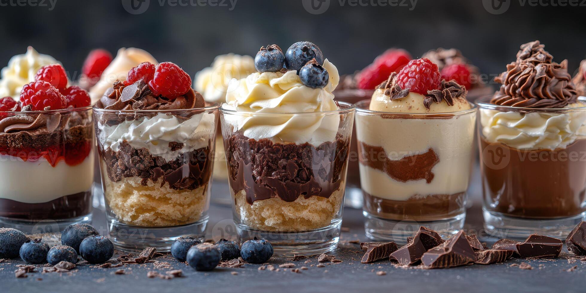 Decadent display of assorted desserts with layers of chocolate, cream, and fresh fruits served in clear cups photo
