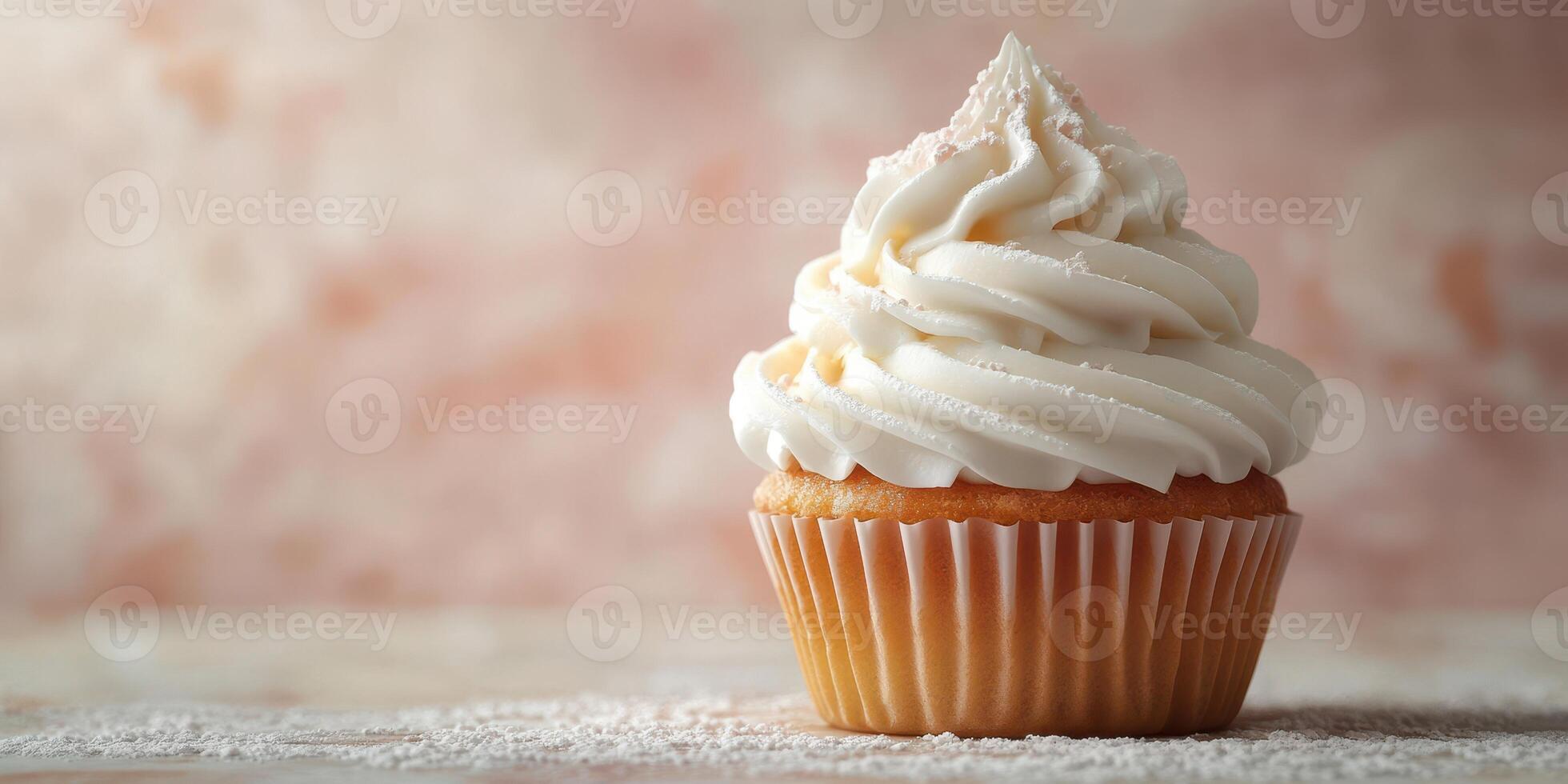 Delightful vanilla cupcake with creamy frosting on a rustic table setting photo