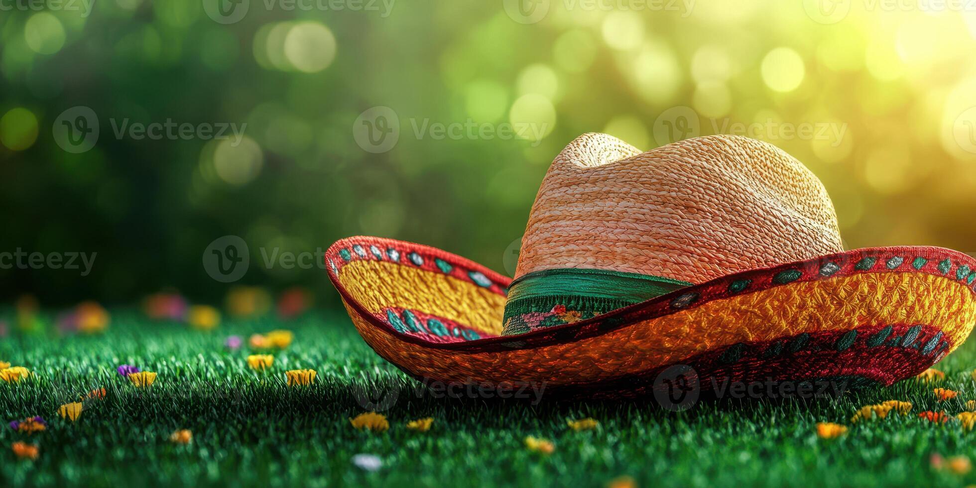 Colorful sombrero resting on grass in a sunny garden with flowers during a vibrant spring afternoon photo