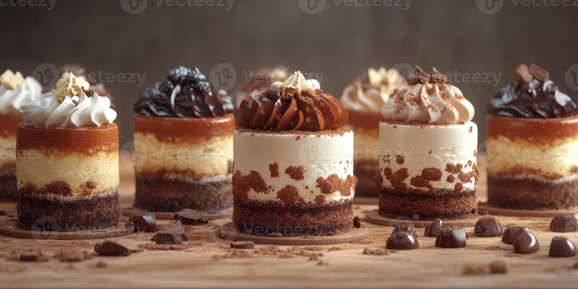 Delicious assortment of individual chocolate and cream desserts arranged on a wooden surface in a bakery setting photo