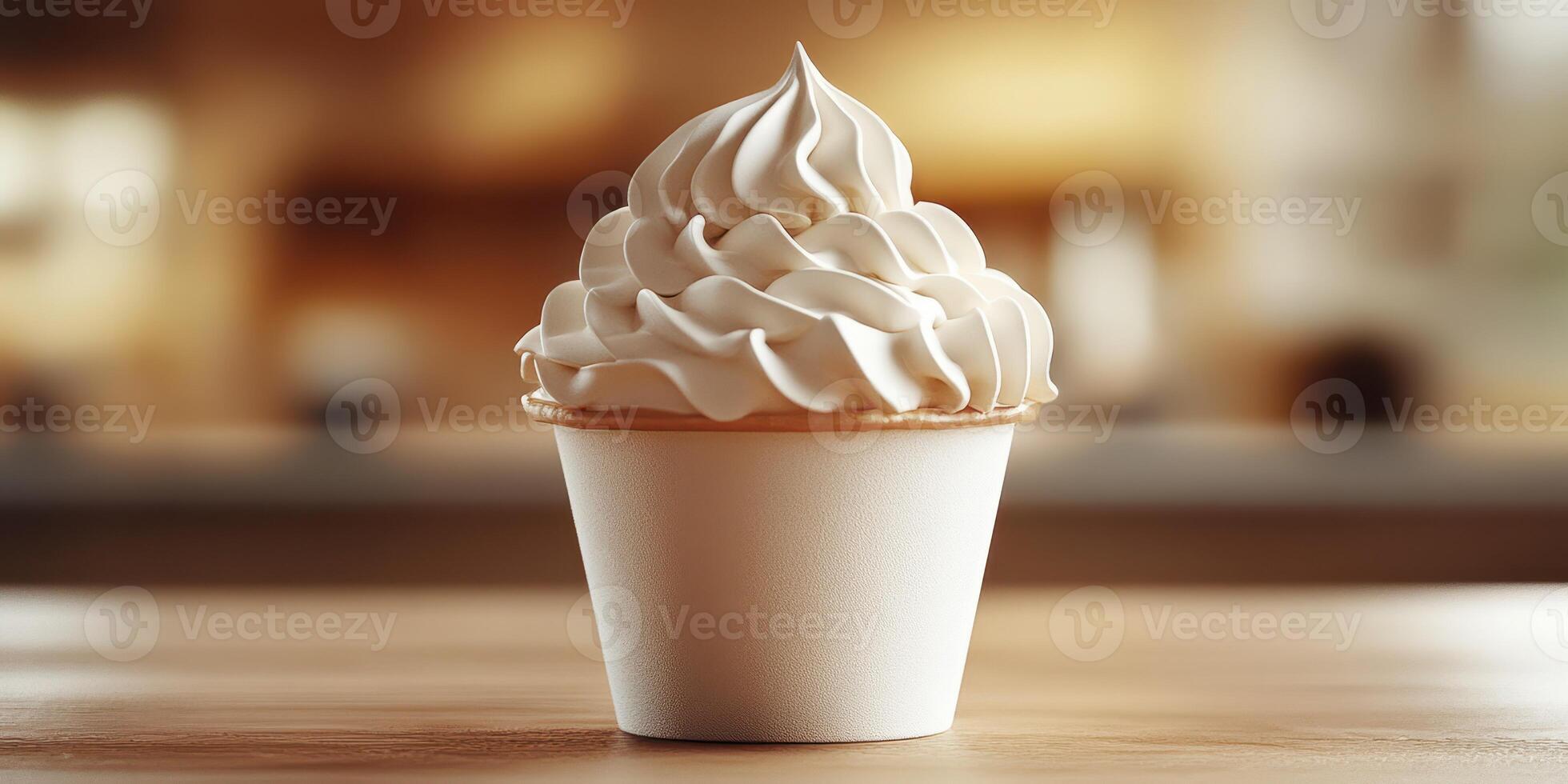 Delicious soft serve ice cream in a paper cup displayed on a wooden table in a cozy cafe setting photo