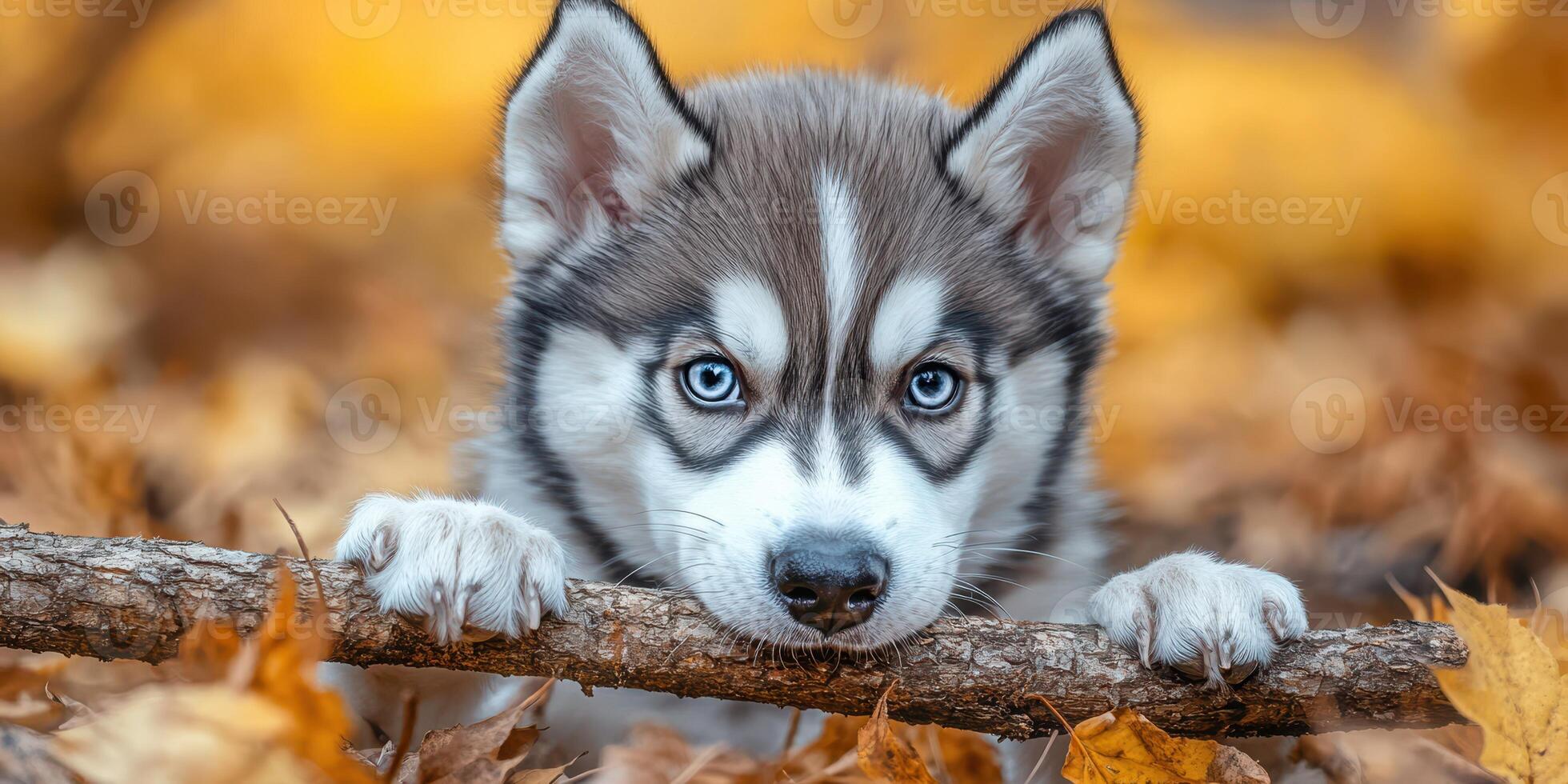 Husky puppy playing with a stick in golden autumn leaves on a tranquil afternoon photo