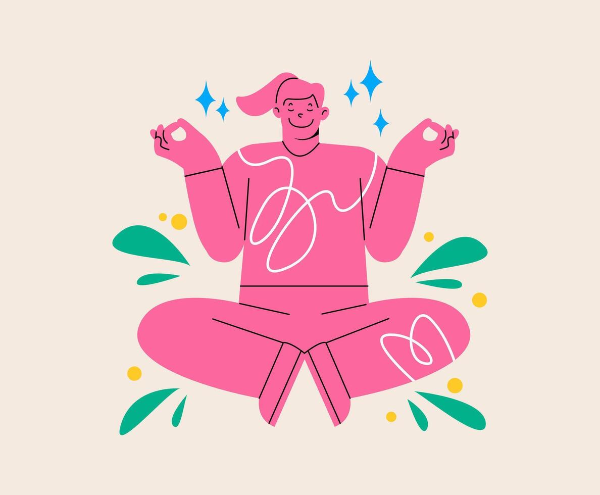 Smiling positive woman sitting meditating practicing yoga. Practicing meditation and healthy lifestyle concept. Colorful illustration vector