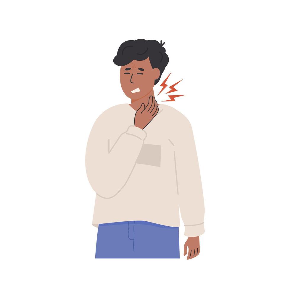 Unwell teenage boy experiencing throat pain and touching his neck with a pained expression. Young Man has a cold and has a sore throat. Flat Style Illustration isolated on white background. vector