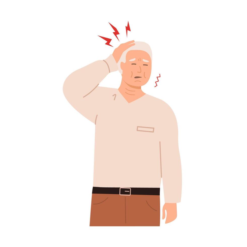 Elderly man suffering from a headache, touching his head with a pained expression. Senior experiencing pain and discomfort due to migraine or stress with red pain symbols. Flat illustration. vector