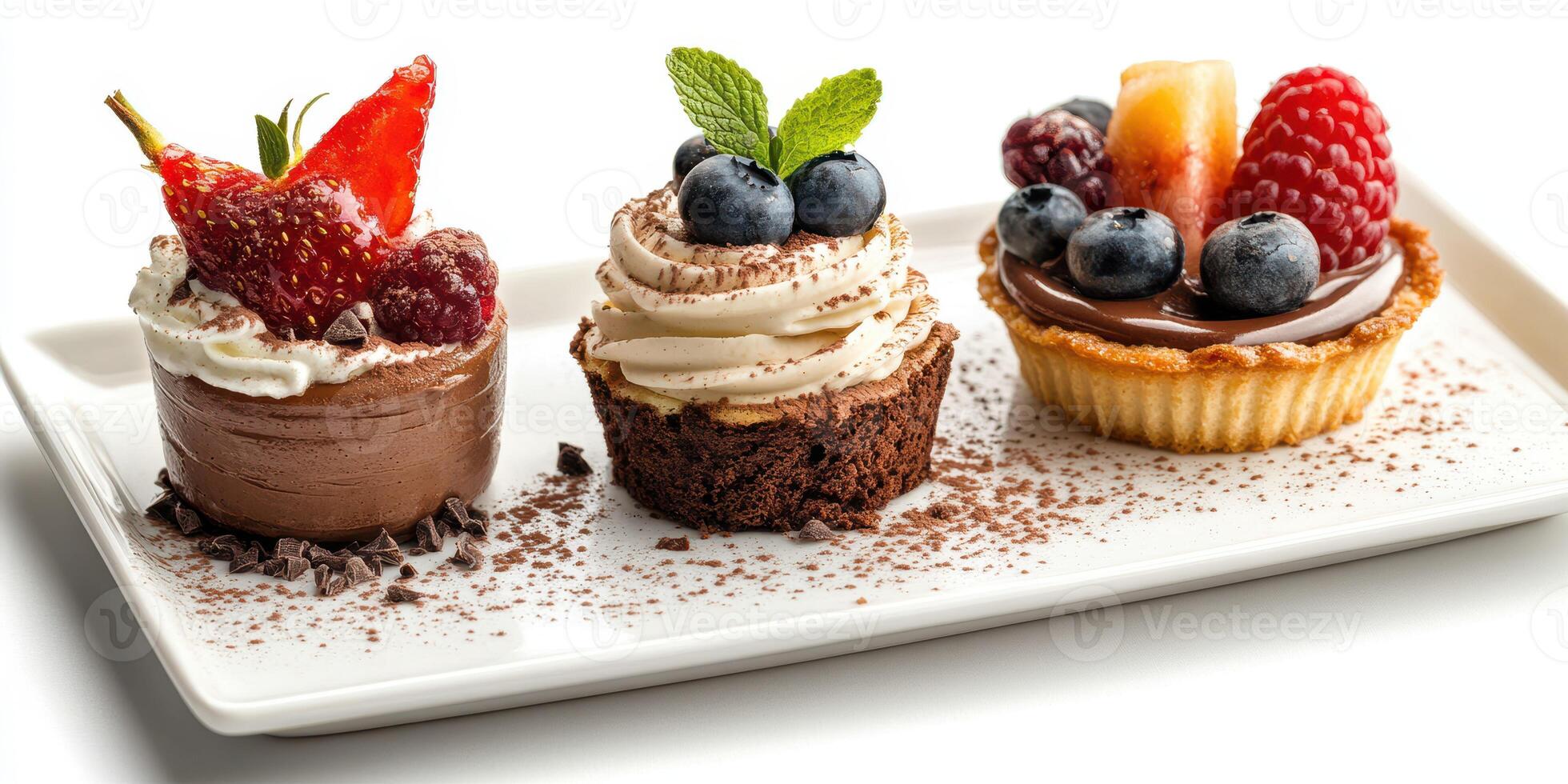 Decadent dessert trio featuring chocolate mousse, berry tart, and cream-filled cupcake served on a white plate photo