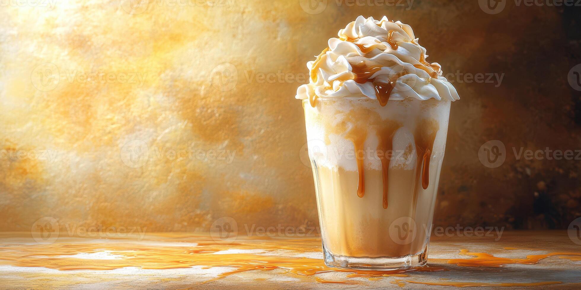 Creamy dessert beverage topped with fluffy whipped cream and caramel drizzle in a warm setting photo
