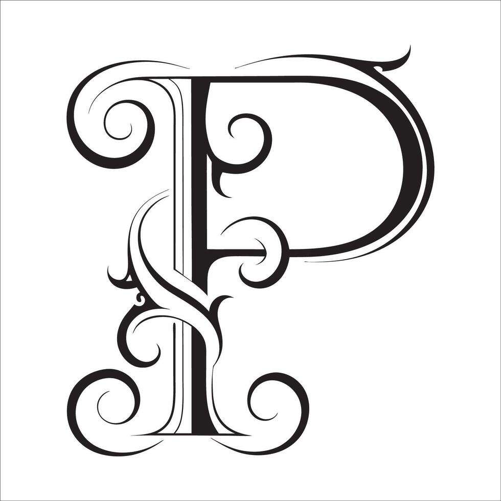 Elegant Ornate Letter P Design with Intricate Swirls and Flourishes in Black and White Tribal, Baroque, and Calligraphic Typography Art. vector