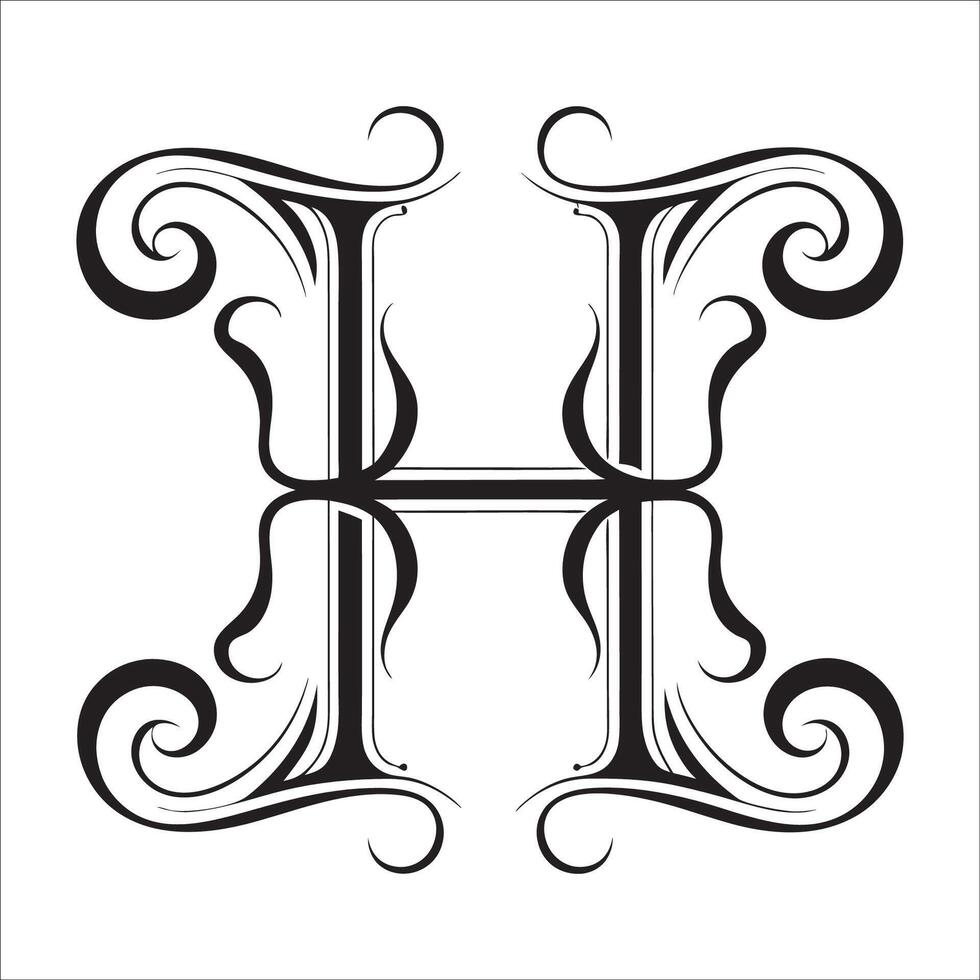 Elegant Ornate Letter H Design with Intricate Swirls and Flourishes in Black and White Tribal, Baroque, and Calligraphic Typography Art. vector
