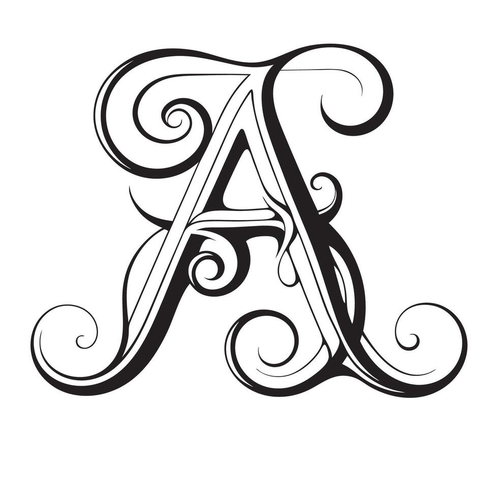 Elegant Letter A Design with Intricate Swirls and Flourishes in Black and White Tribal, Baroque, and Calligraphic Typography Art. vector
