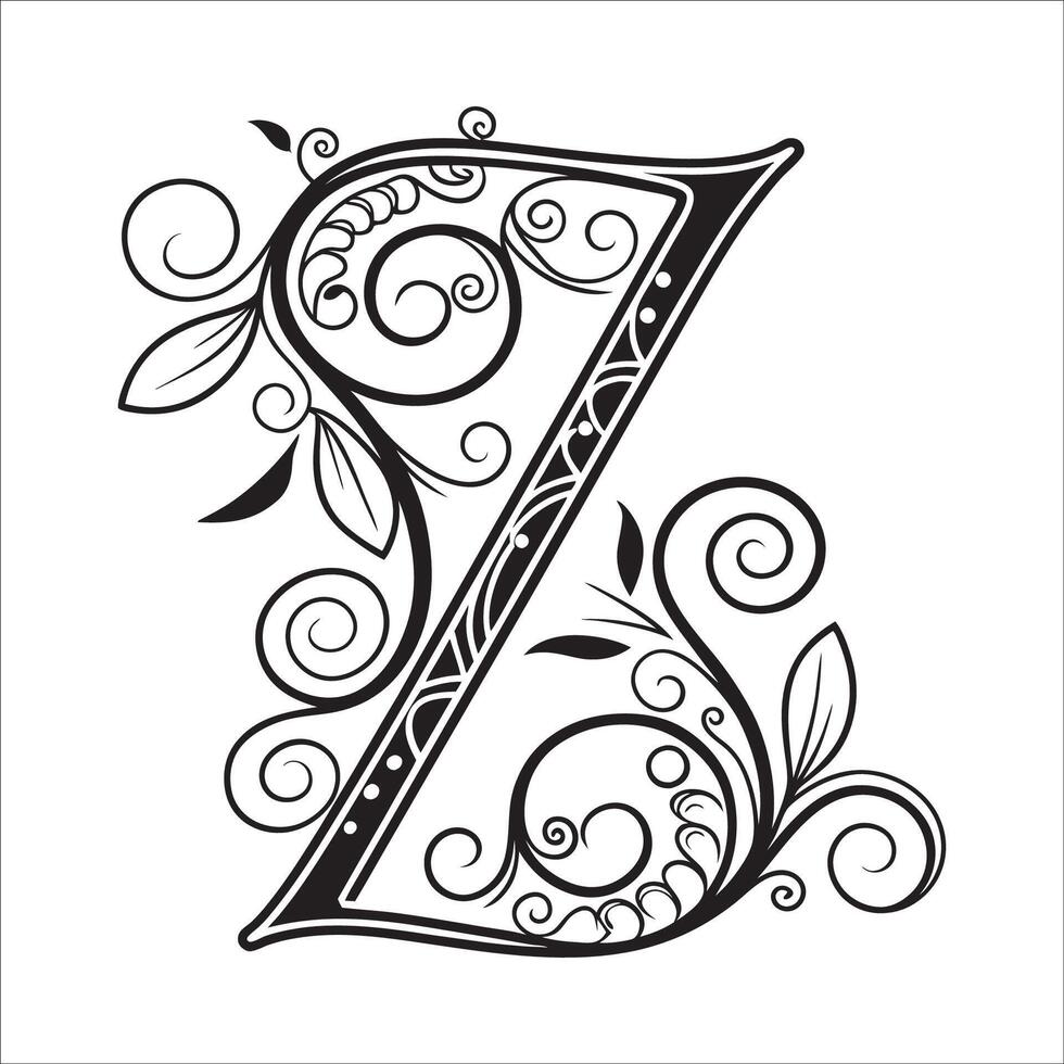 Elegant Letter Z Design with Intricate Swirls and Flourishes in Black and White Tribal, Baroque, and Calligraphic Typography Art. vector