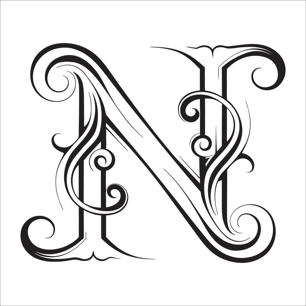 Elegant Ornate Letter N Design with Intricate Swirls and Flourishes in Black and White Tribal, Baroque, and Calligraphic Typography Art. vector