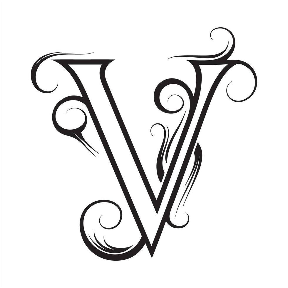 Elegant Ornate Letter V Design with Intricate Swirls and Flourishes in Black and White Tribal, Baroque, and Calligraphic Typography Art. vector