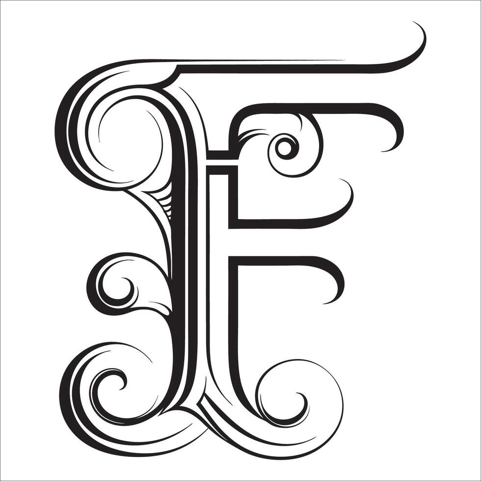 Elegant Ornate Letter F Design with Intricate Swirls and Flourishes in Black and White Tribal, Baroque, and Calligraphic Typography Art. vector