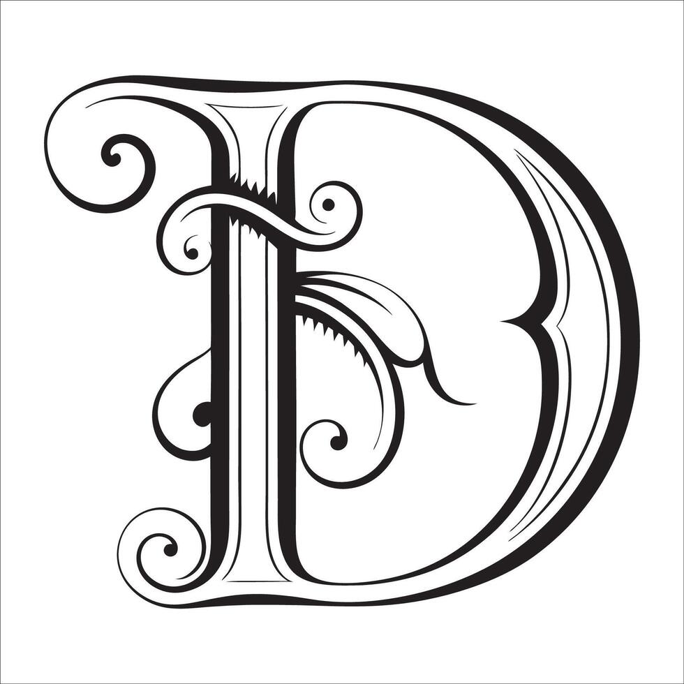 Ornate Letter D Design with Intricate Swirls and Flourishes in Black and White Tribal, Baroque, and Calligraphic Typography Art. vector