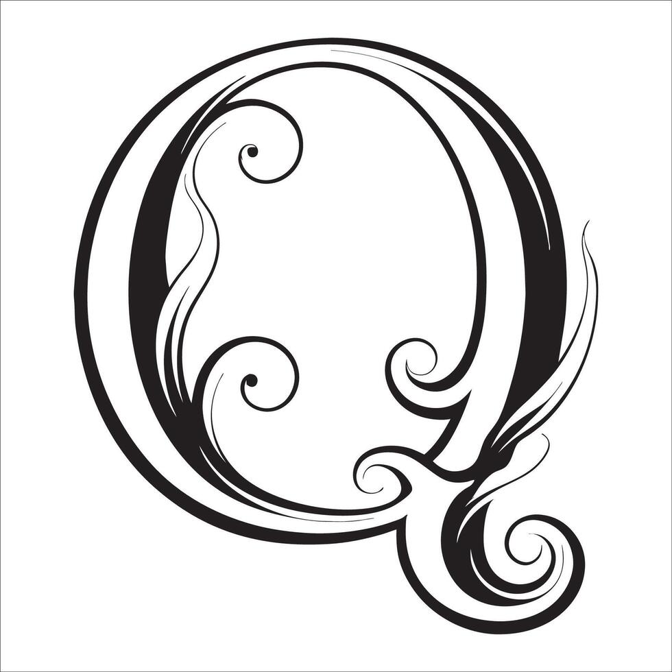 Elegant Ornate Letter Q Design with Intricate Swirls and Flourishes in Black and White Tribal, Baroque, and Calligraphic Typography Art. vector