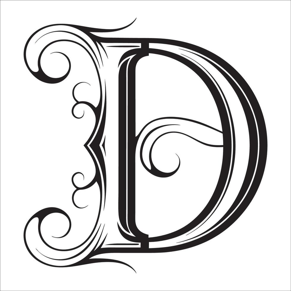 Elegant Ornate Letter D Design with Intricate Swirls and Flourishes in Black and White Tribal, Baroque, and Calligraphic Typography. vector