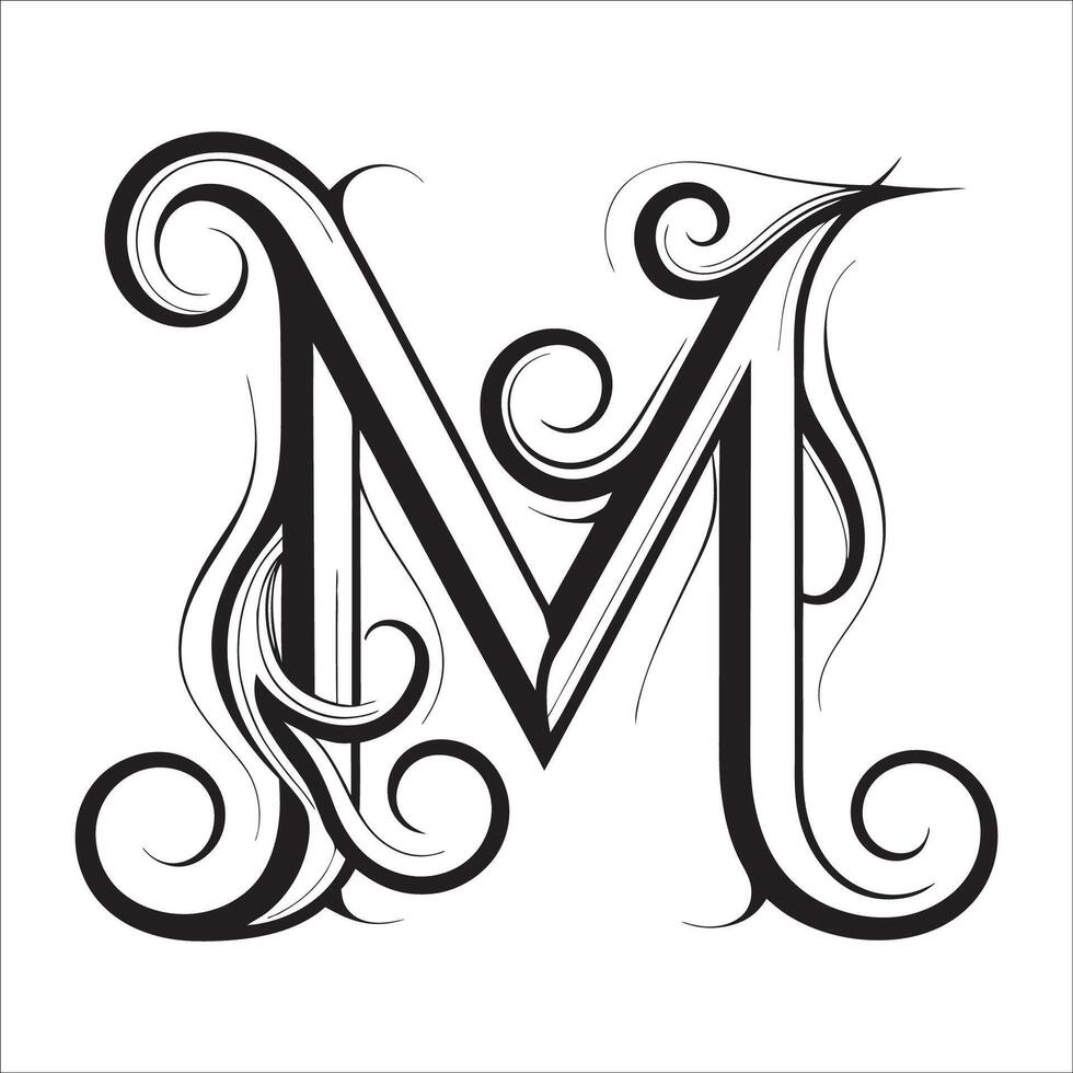 Elegant Ornate Letter M Design with Intricate Swirls and Flourishes in Black and White Tribal, Baroque, and Calligraphic Typography Art. vector
