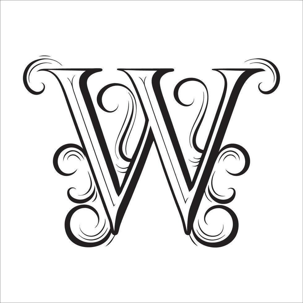 Elegant Ornate Letter W Design with Intricate Swirls and Flourishes in Black and White Tribal, Baroque, and Calligraphic Typography Art. vector