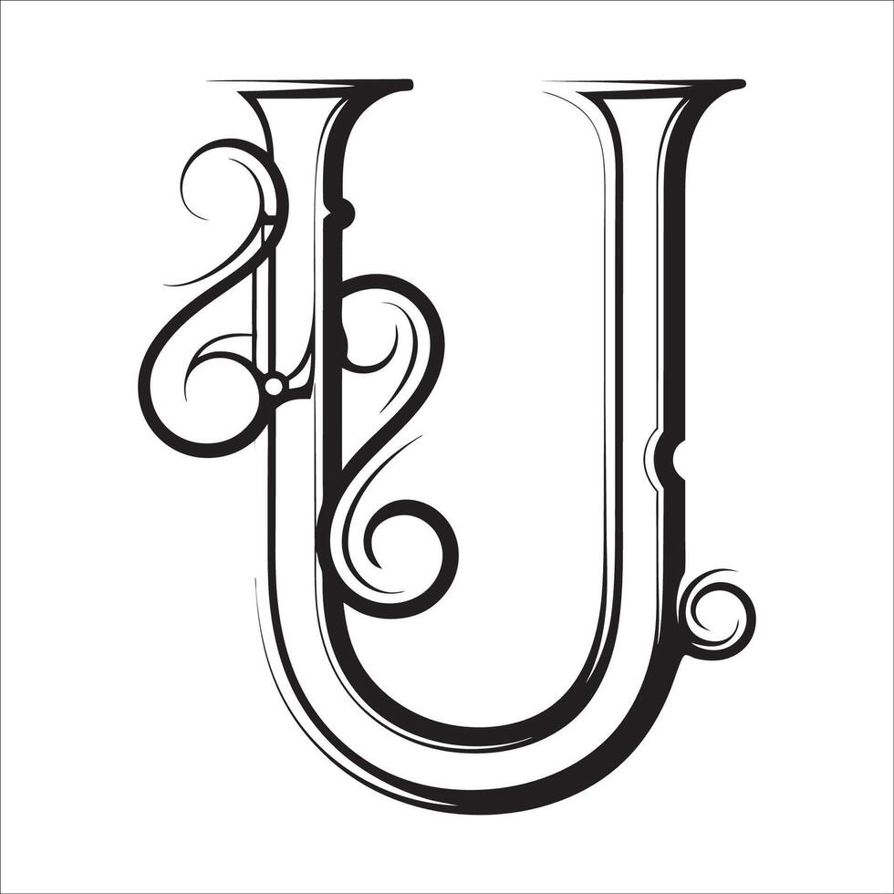 Elegant Ornate Letter U Design with Intricate Swirls and Flourishes in Black and White Tribal, Baroque, and Calligraphic Typography Art. vector