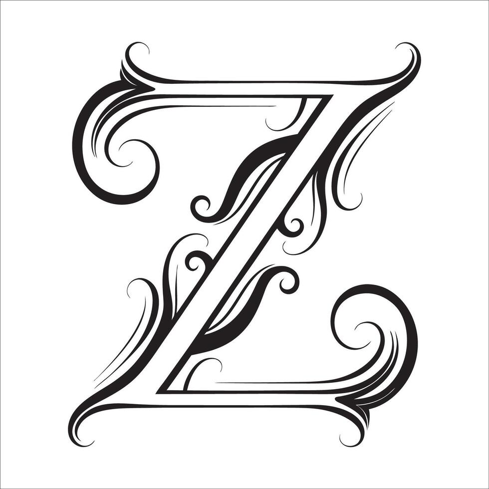 Elegant Ornate Letter Z Design with Intricate Swirls and Flourishes in Black and White Tribal, Baroque, and Calligraphic Typography Art. vector