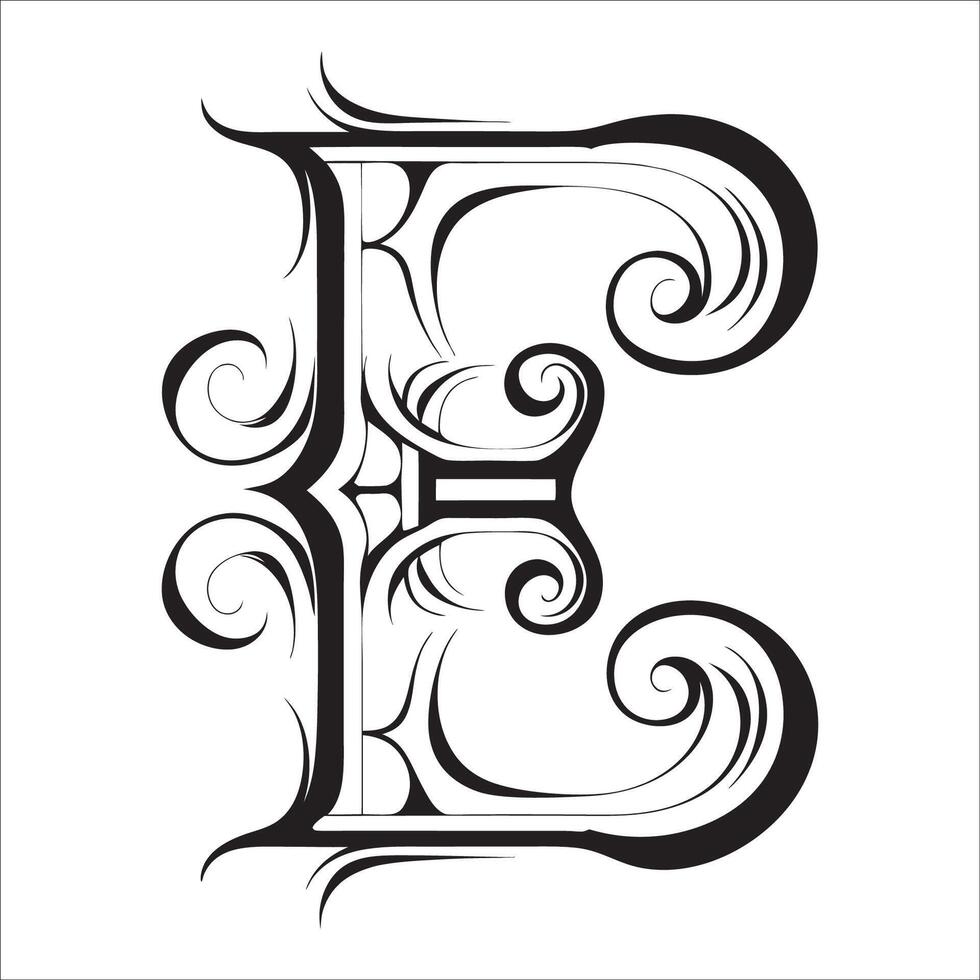 the letter e in black and white with swirls vector