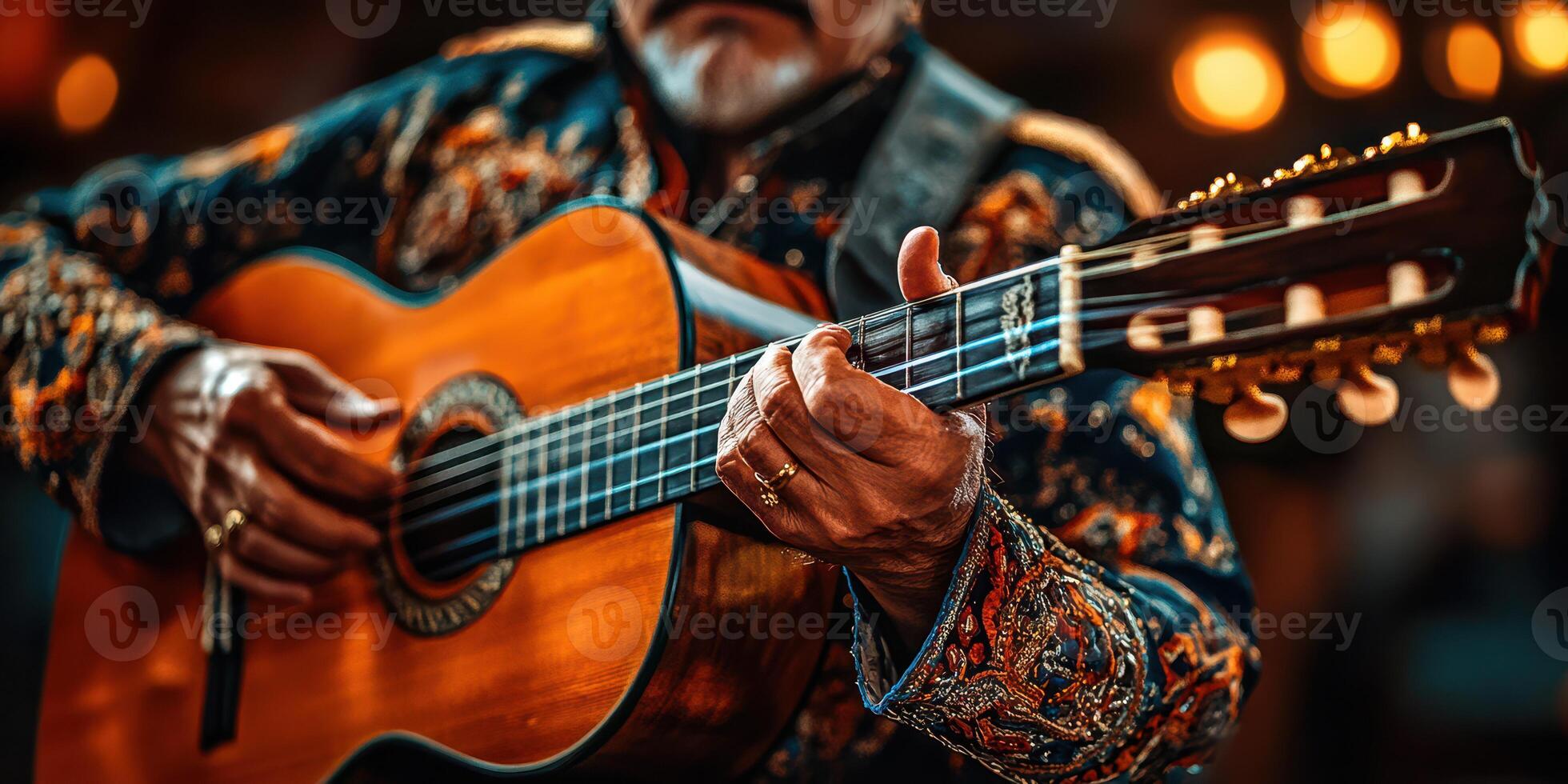 Musician performing passionately with guitar during a lively cultural event at night in a vibrant venue photo