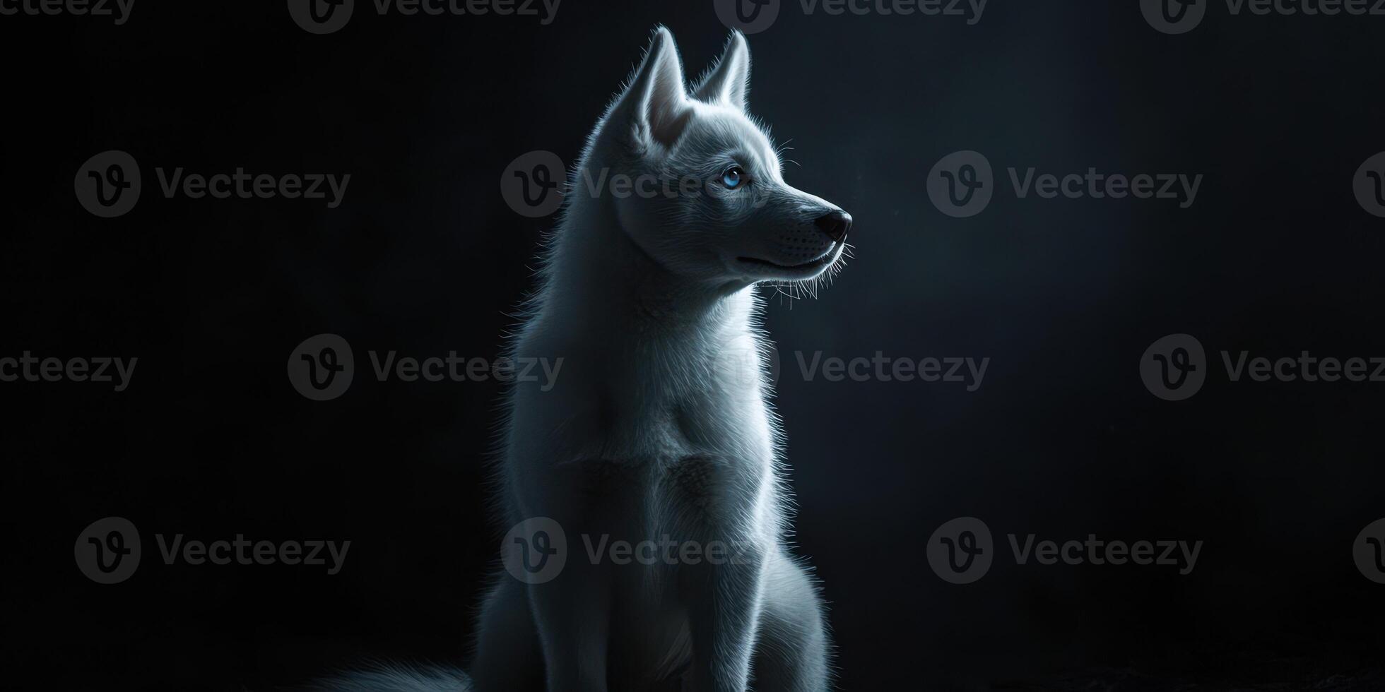 Soft white husky sits quietly in low light with blank expression in a darkened space reflecting stillness and calmness photo
