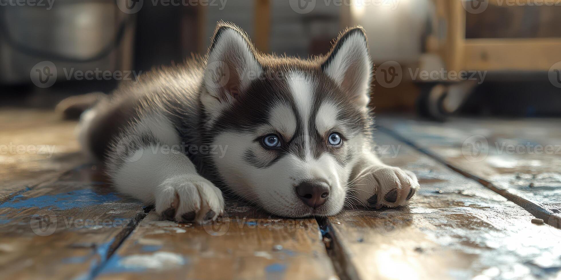 Siberian husky puppy resting on a wooden floor in a cozy indoor space photo