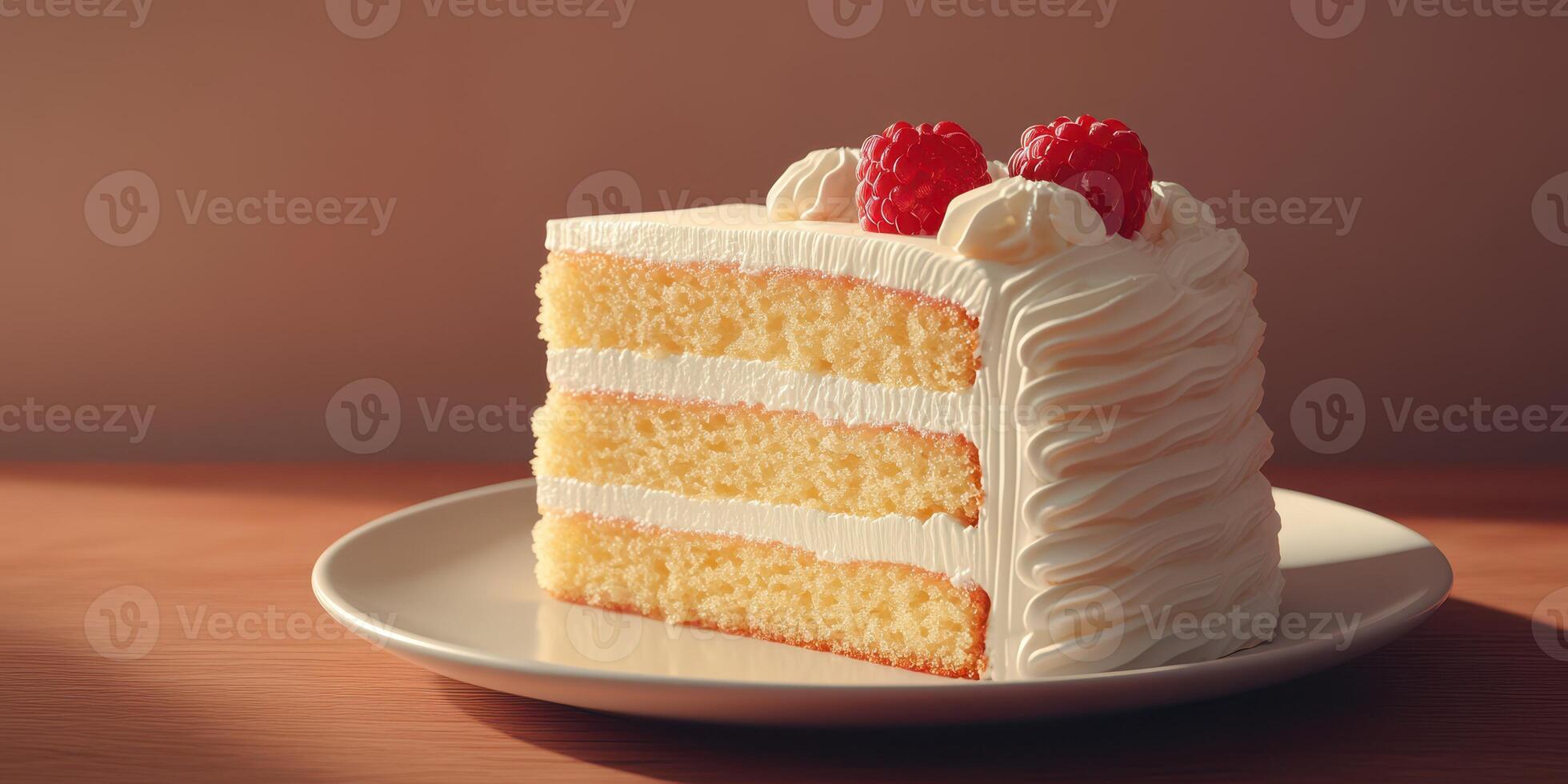 Delicious layered cake adorned with whipped cream and fresh raspberries served on a simple plate photo