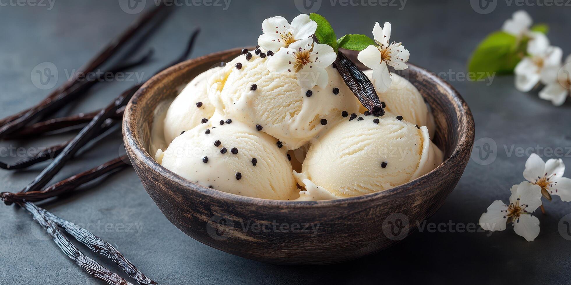 Delicious vanilla ice cream served in a rustic bowl with elegant flowers and vanilla pods photo