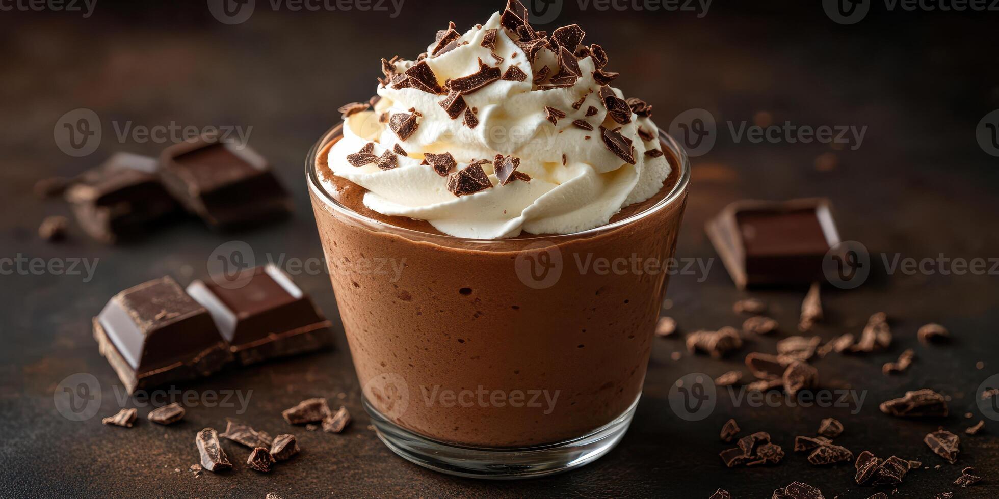 Delicious chocolate mousse topped with whipped cream and chocolate shavings served in a glass on a dark surface photo