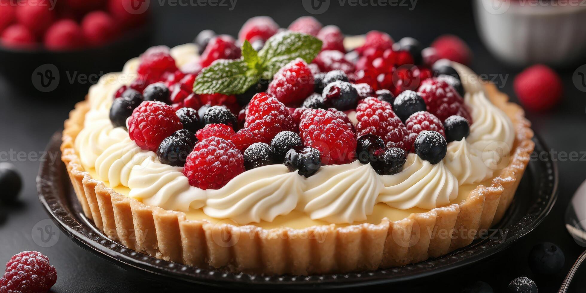 Delicious berry tart topped with fresh raspberries and blueberries served on a dark table photo