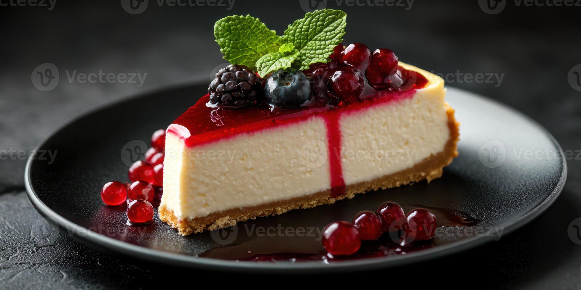 Delicious cheesecake slice topped with berries and mint on a dark plate in a cozy setting photo
