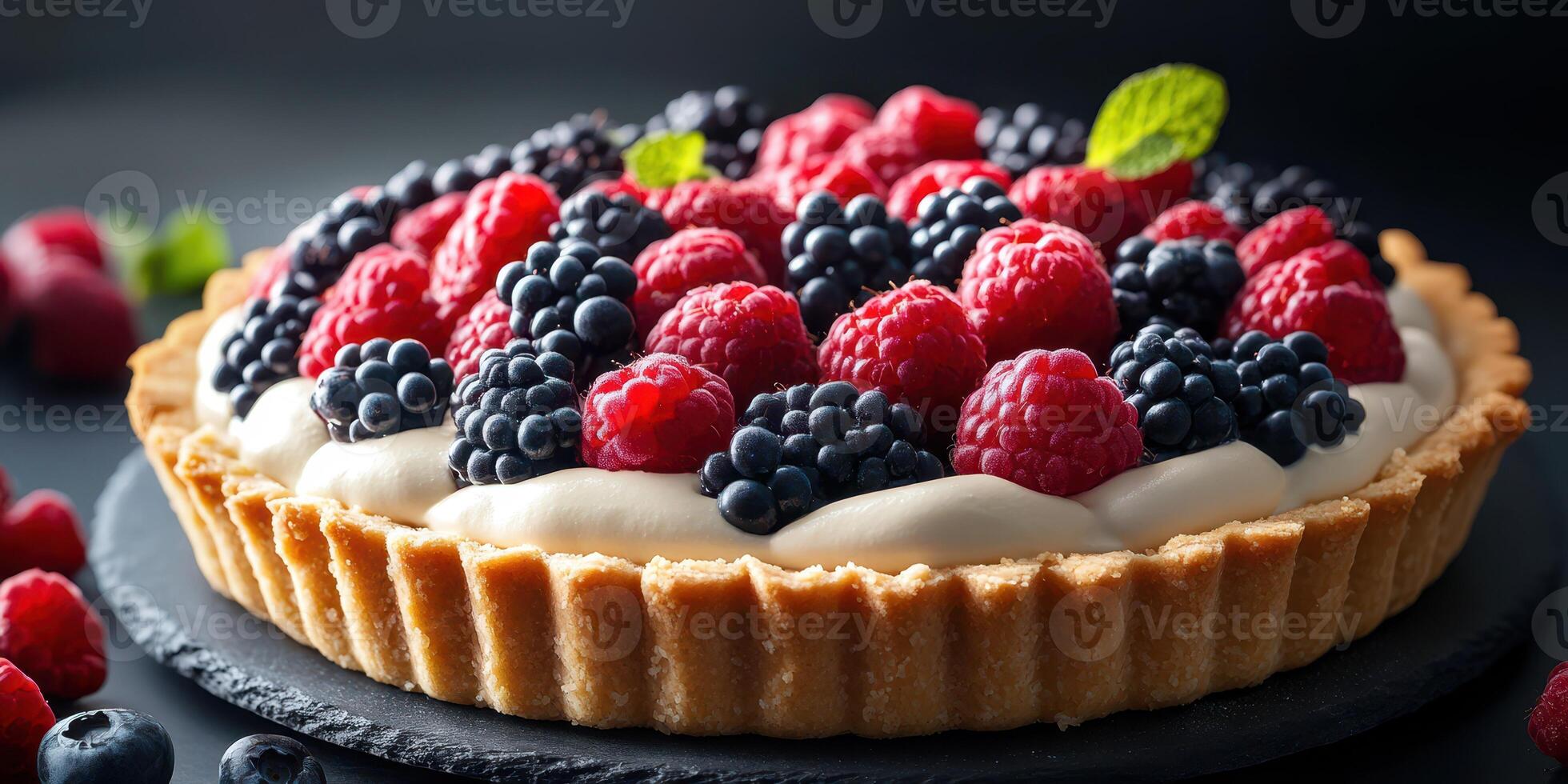 Fresh berry tart with cream filling presented on a dark slate background at a dessert showcase photo