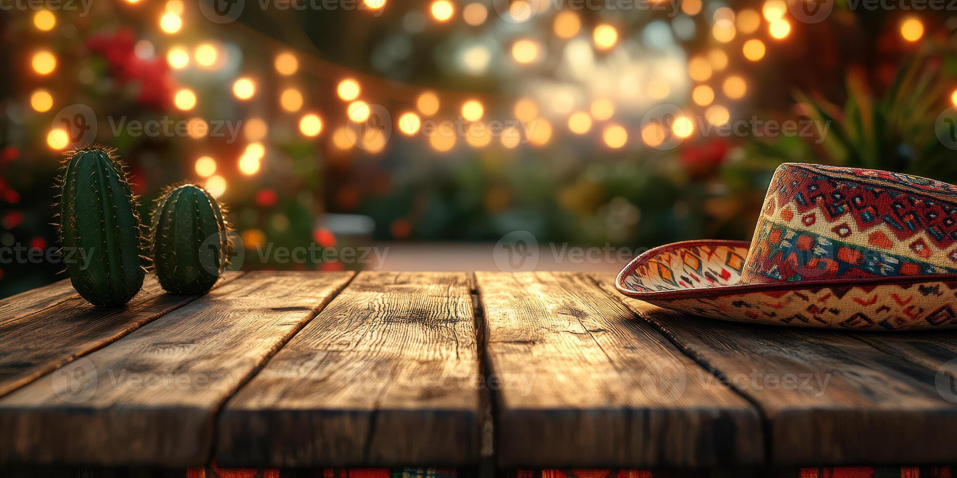 Rustic wooden table with decorative hat and cacti under string lights in a vibrant outdoor setting photo