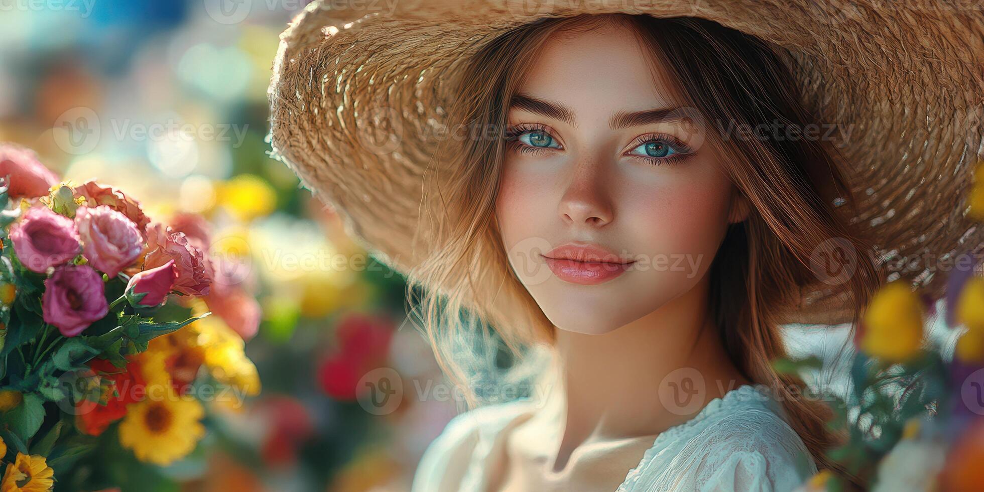 Young woman wearing large straw hat surrounded by vibrant flowers in a sunny garden photo