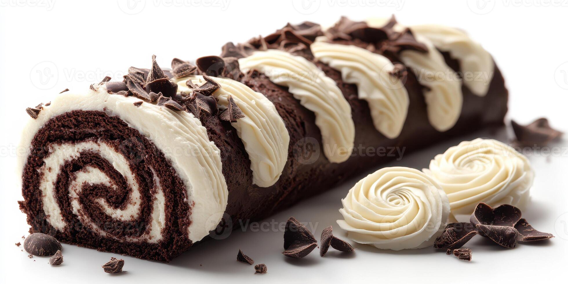 Delicious chocolate roll cake with cream swirls and chocolate chips presented on a light background photo