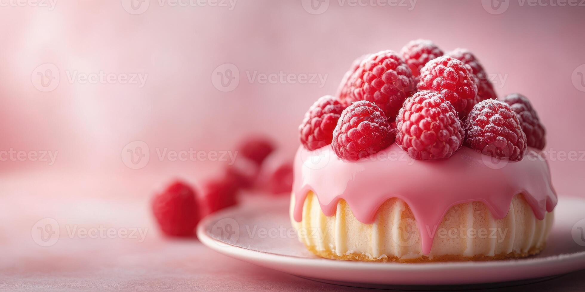 Delicious raspberry cheesecake topped with fresh berries on a plate against a soft pink background photo