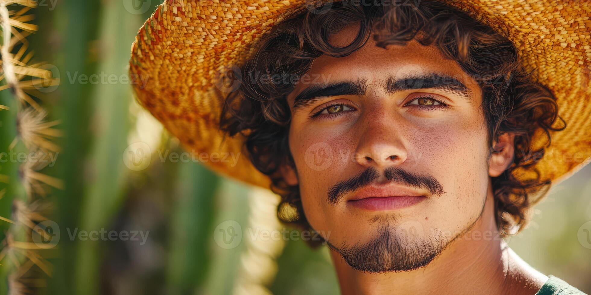 Young man wearing a straw hat poses against a backdrop of cacti in bright sunlight photo