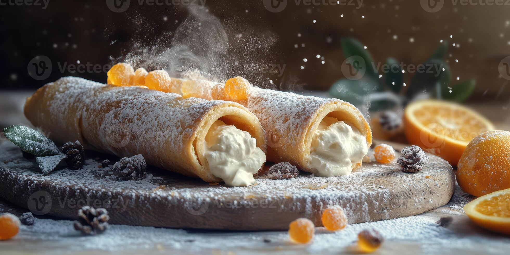 Delicious dessert of rolled pancakes filled with cream and garnished with citrus fruit on a rustic table photo