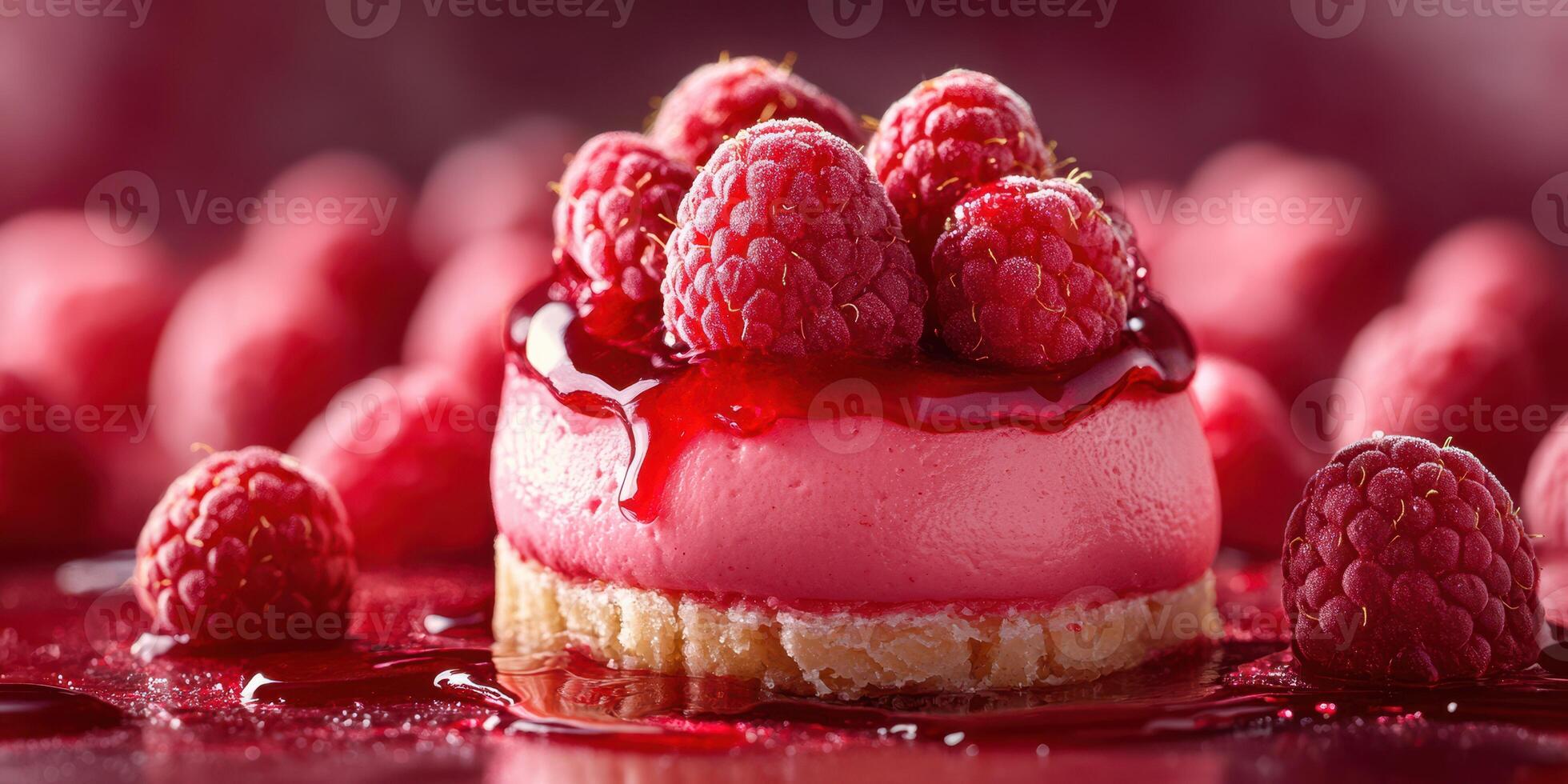 Delicious cheesecake topped with fresh raspberries and glossy raspberry sauce on a vibrant background photo
