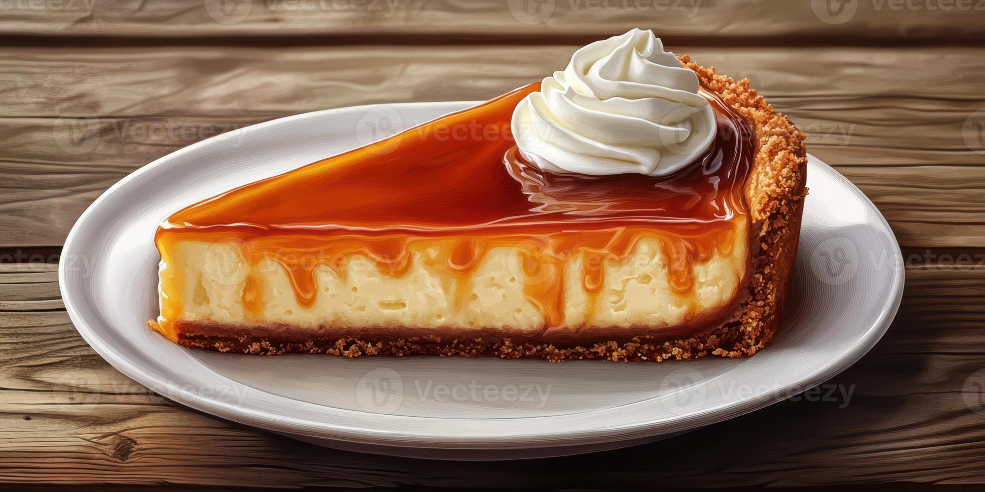 Delicious slice of caramel cheesecake with whipped cream on a rustic wooden table photo